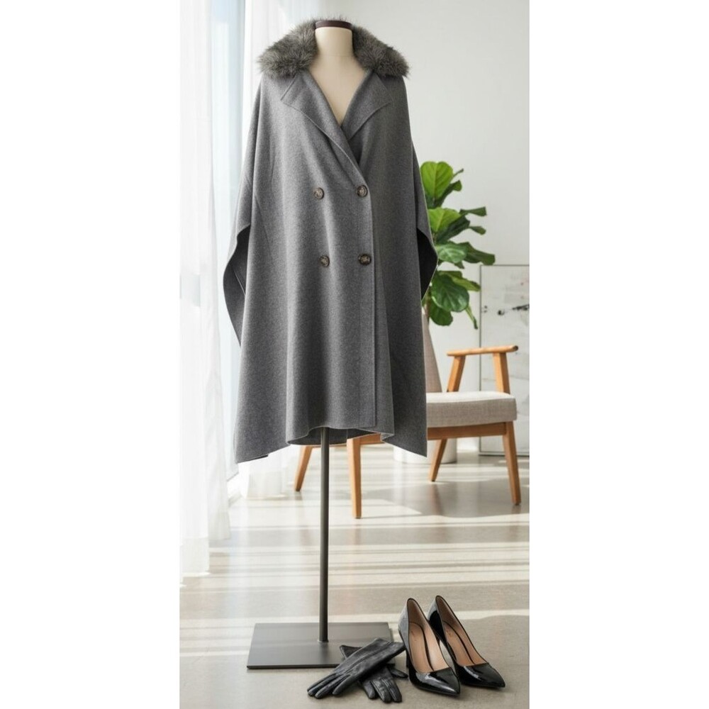 DESIGNER ZARA GREY FAUX FUR COLLAR DOUBLE BREASTED SLEEVELESS CAPE/ PONCHO SMALL